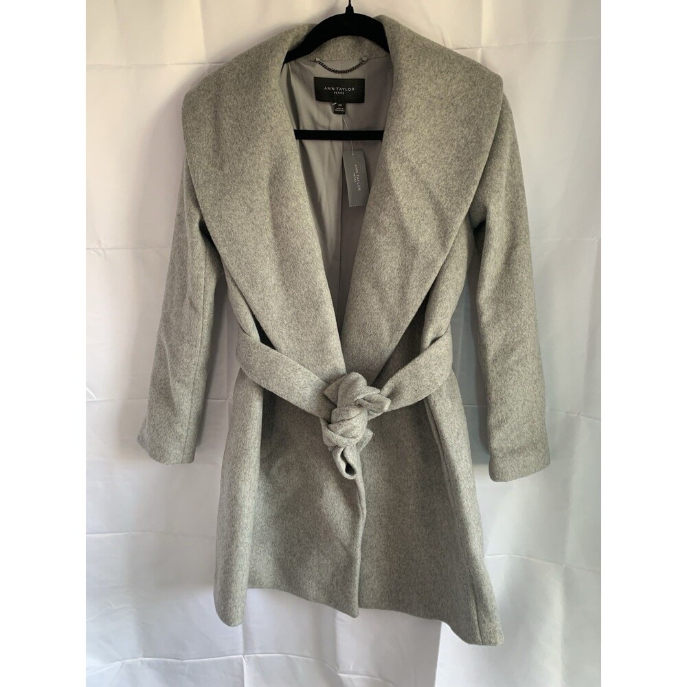 NWT Ann Taylor Womens XS Overcoat Grey Wool Blend Lined Polyester Belt Shawl